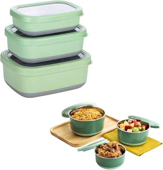 Lille Home Leakproof Stainless Steel Food Container Set, 3-Piece Nesting Bento Boxes with Silicone Lids Square 47oz + 30oz + 16oz/Round 41oz + 25oz + 14oz