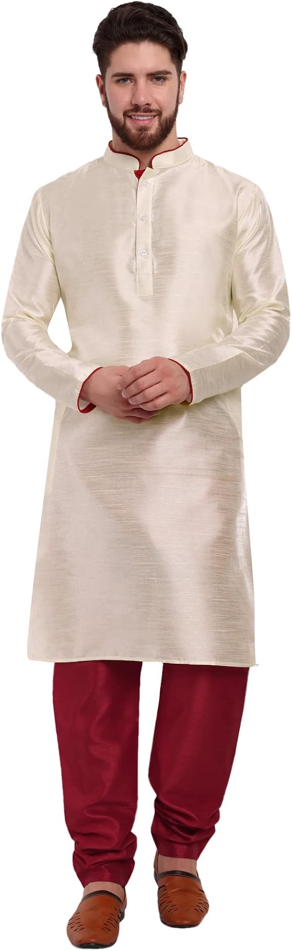 SKAVIJ Men's Art Silk Contrast Kurta Pyjama Set Woven Design 2-Piece Festive Ethnic Dress
