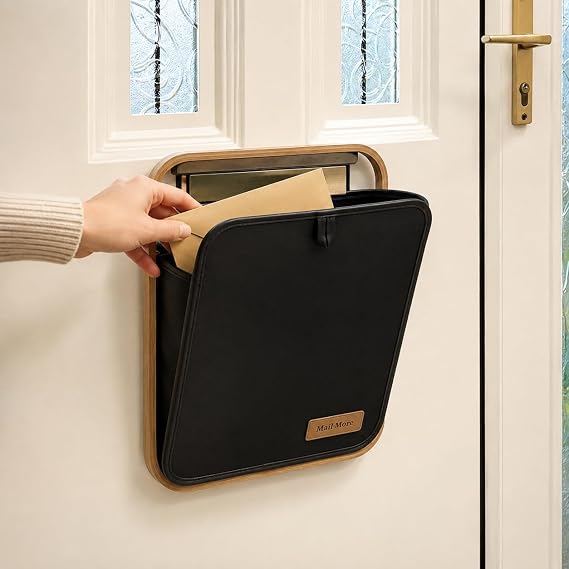Letter Catcher for Front Door, Bamboo Mail Holder for Letterbox, No Drill Hook Over or Double-Sided Tape Installation, Indoor Mail Organiser for uPVC, Wooden & Composite Doors - Black