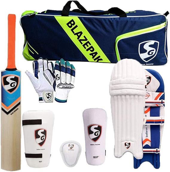 SG Cricket Kit Full Set for Adults with Ezeepak Bag with RSD Spark Kashmir Willow Bats+Batting Leg Guard Pads+Batting Gloves+Abdominal Guard+Thigh pad Guard+kit Bag