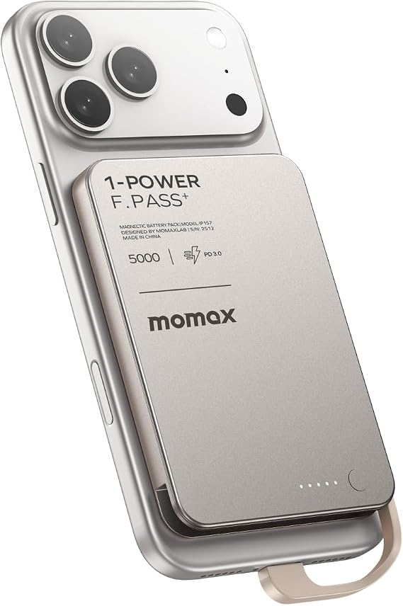 MOMAX 0.3" Slim Power Bank with Built in Cable USB C Battery Pack 5000mAh, PD20W Fast Charging Portable Charger for iPhone 17/16/15, Samsung, Google, Android, iPad, AirPods (No-Wireless)