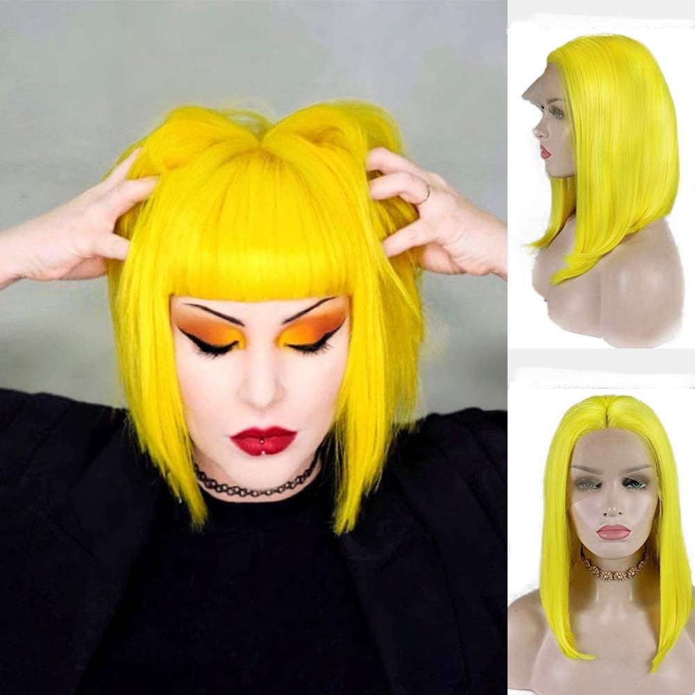 Lemon Yellow Middle Parting Lace Front Short Bob Wigs for Women Fluorescent Yellow Wig Bright Color Natural Straight Lace Wigs Cosplay Festival Carnival Disco Replacement Wig 14 Inches
