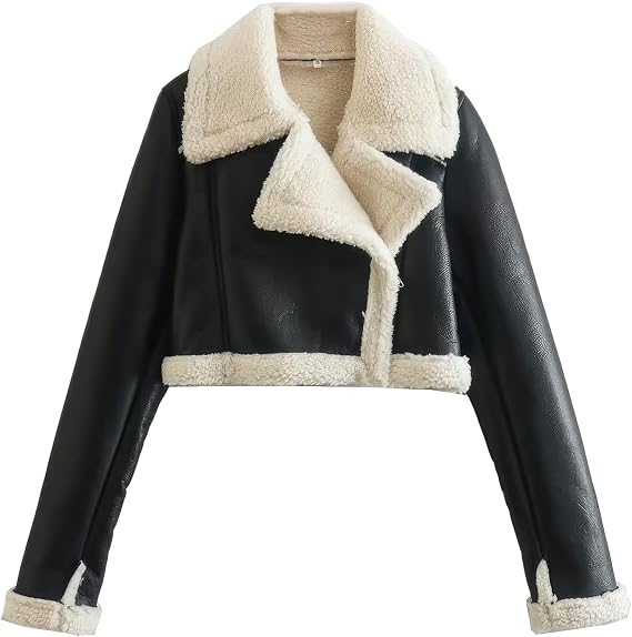 Womens Black Genuine Sheepskin Sherpa Shearling Faux Fur Lined Winter Warm Chic Short Fashionable Bomber Leather Jacket (X-Small, Black)