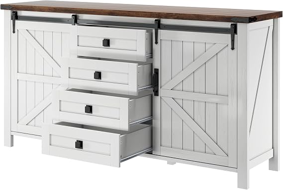 LUXOAK 60" Sideboard Buffet Cabinet with Storage Drawers for Kitchen, Dining Room, Rustic White