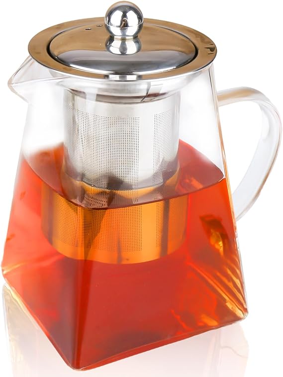 Spring Chef Square Glass Tea Pot with Infuser, Heat-Resistant Borosilicate Glass Teapot with Strainer, Removable Infuser Tea Pot Handmade for 1-2 person-550ml/18.6oz