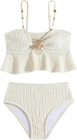 OYOANGLE Girl's Two Piece Metallic Shell Bikini Sets Cut Out Ruffle Top High Waist Hipster Swimsuit