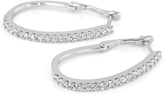 JTV 3.6 CT Cubic Zirconia Hoop Earrings - Rhodium Over Silver | Rhodium-plated sterling silver hoops with 38 lab-created cubic zirconia stones; tarnish-resistant, gift box included.