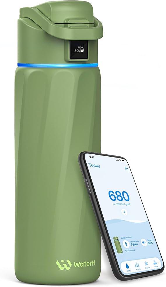 WaterH Boost Smart Water Bottle with Drinking Reminder & Drinking Tracker Double wall stainless steel with vacuum insulation BPA free leak proof fits in cup holder large opening for car