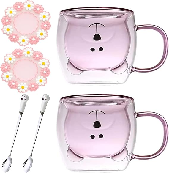 Arawat Cute Double-Walled Coffee Glasses Set of 2 Bears Coffee Cup with Spoon & Coaster Bear Coffee Mug 250 ml Pink Tea Cups Cute Christmas Cup Tea Cup Birthday Christmas Mug Gift