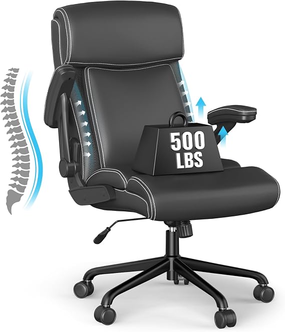 ralex-chair Executive Office Chair, Ergonomic Heavy Duty Chair, Black | Adjustable Height, High Back, Flip-up Armrests, PU Leather, Support up to 225kg, 360° Swivel, 90°-120°Reclining Function