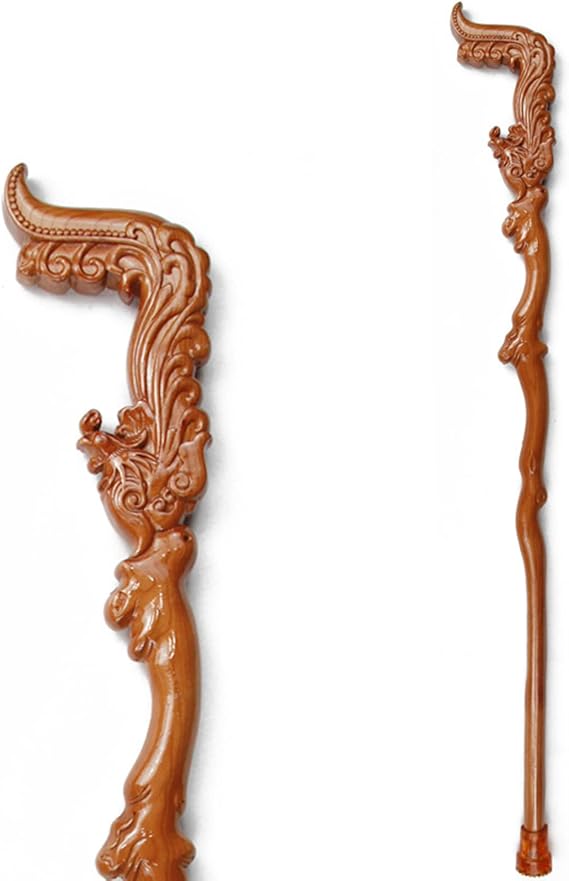 Wooden Walking Stick - Phoenix Carved, 37 Inches Handcrafted Fashionable Cane for Men & Women, Natural Weatherproof, Groove Handle for Massage, Senior Parents