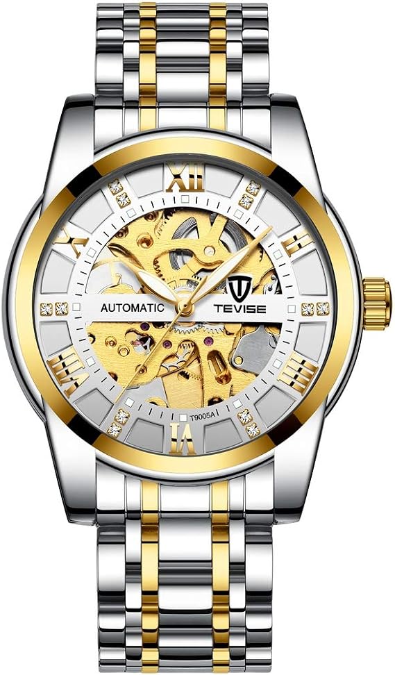 Mechanical Wristwatch Men's Skeleton Self-Winding Auto Watch (Gold&Crystal)