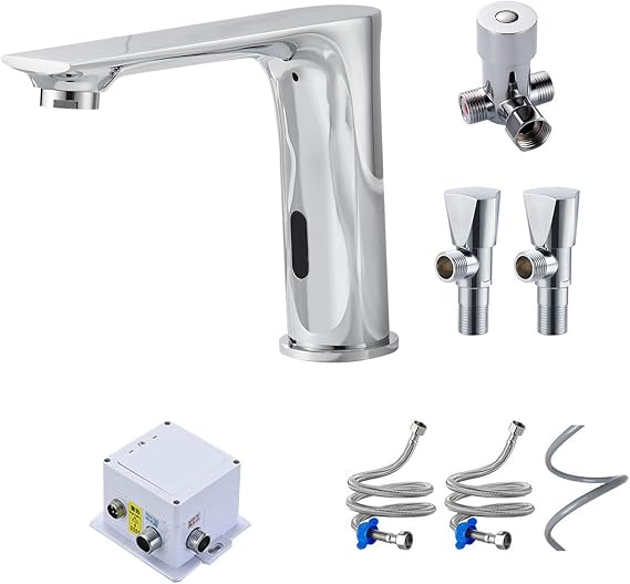 Automatic Sensor Faucet Automatic Bathroom Sink Faucet Sensor Touchless Vanity Faucet Hands-Free Motion Sensor Bathroom Faucet with Full Set Cold Water+Hot Water