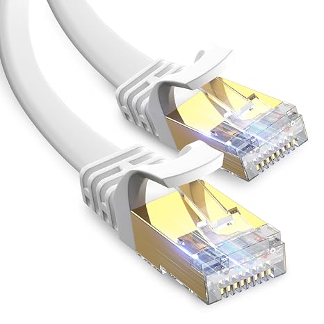 Cat 8 Ethernet Cable 15 ft Flat White, 40Gbps 2000MHz High Speed LAN Internet Network Cord, SFTP Shielded RJ45 Connector for PC, Laptops, Router,