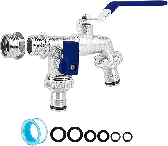 Brass Double Garden Tap - Universal 3/4 & 1/2 Inch Dual Outlet, Frost Resistant Outdoor Water Tap with 2 Hose Connectors for Patio & Lawn