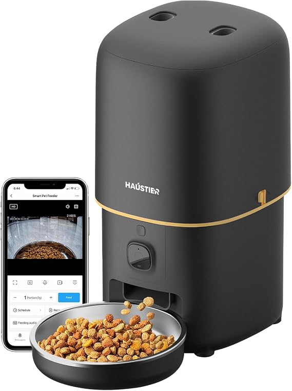Haustier PF05 Siyah Kameralı 1080P FHD Gece Görüş Akıllı Otomatik Kedi Mama Kabı, Tuya App-Wifi Uzaktan Kontrol, Sesle Çağırma, 2.4Ghz-5Ghz, 4Lt hazne, Metal Kase