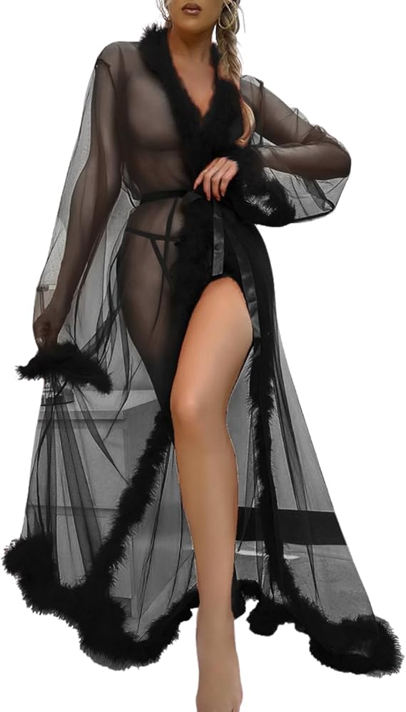 Women's Sheer Mesh Feather Trim Dressing Gown Long Kimono Robe | Sexy Lingerie Nightwear, Open Front Tie Waist, Fluffy Faux Fur Trim, Sheer Maxi Gown for Boudoir Wedding Night Loungewear