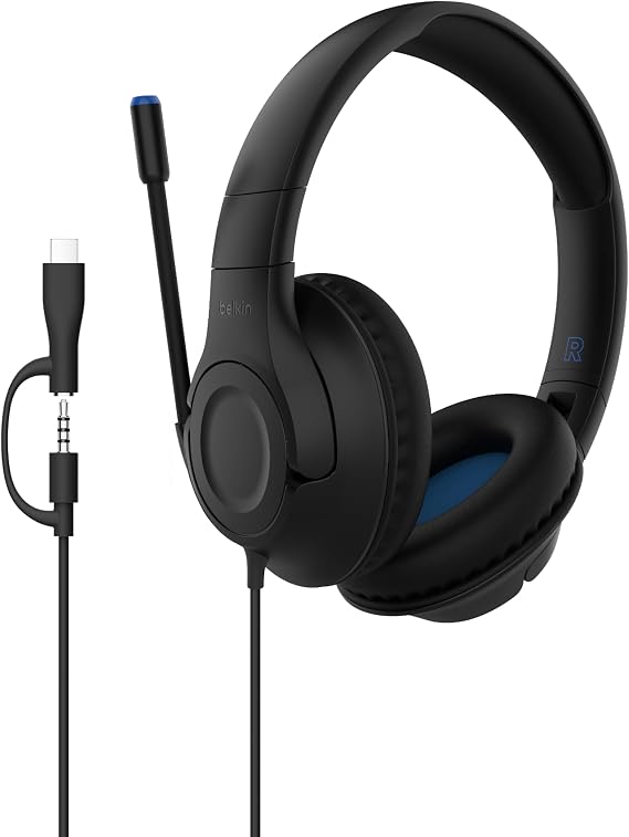 Belkin SoundForm Inspire Wired Over-Ear Headset for Kids, Online Learning & Travel w/Built-in Boom Mic, 85dB Safe Volume Limit - USB-C & 3.5mm - Compatible w/iPhone, iPad, Galaxy & More - Black