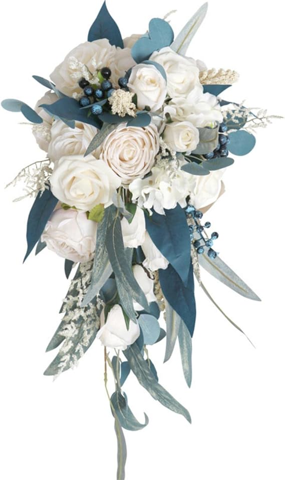 MOJUN Wedding Bouquets for Bride, Dusty Bule Water Drop Waterfall Artificial Flowers Bouquet Cascading Bridal Bouquet for Wedding Ceremony Anniversary Bridal Shower Party Rustic Vintage Wedding A