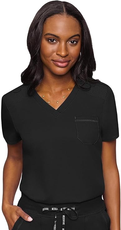 Med Couture Touch Women's Scrub Tops V-Neck Tuck-in Top with 1 Pocket | Slim Fit, Touch Performance Fabric, Stretchy Rib-Knit Shoulders, Bungee Loop, 2-Way Stretch, Lightweight, for Long Shifts