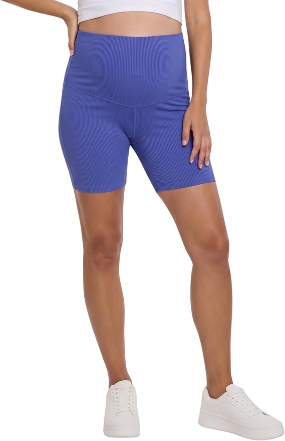 Motherhood Maternity Women's Over The Belly Ribbed Biker Pregnancy Workout Shorts