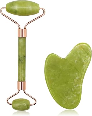 Jade Roller for Face and Gua Sha Facial Tools Set, Natural Stone Beauty Skin Care Kit, Face Scraping Maasage Rolling to Reduce Puffiness and Improve Wrinkles for Neck & Eyes - Green