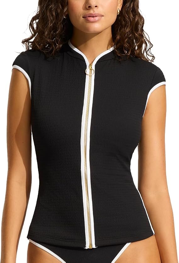 Seafolly Women's Short Cap Sleeve Zip Front Rashguard with Removable Cups