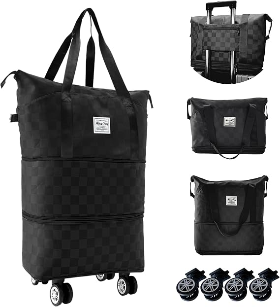 Rolling Duffle Bag with Wheels, 28-58L Expandable Foldable Travel Bag, Black, Expandable Foldable Duffle Bag With Removable Wheels for Travel