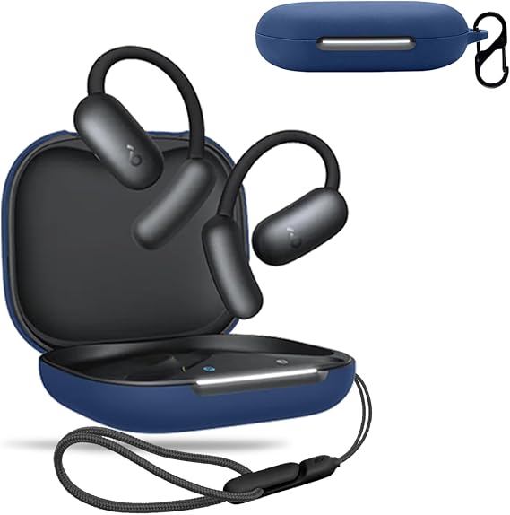 for Soundcore AeroFit 2 by Anker Case Cover, Wireless Earphone Silicone Protective case (with Carabiner + Lanyard) Drop-Proof, Scratch-Proof, Shock-Proof, Reserved Charging Port, dust-Proof (Blue)