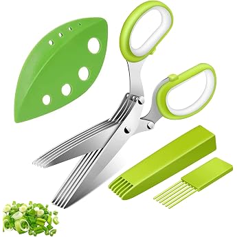Gewürzschere Kräuterscheren Edelstahl Küchenschere 5 Klingen Gemüseschere Kräuterschere mit Reinigungskamm Sicherheitsabdeckung und Abstreiflöchern für Gemüse Petersilie Koriander Grün