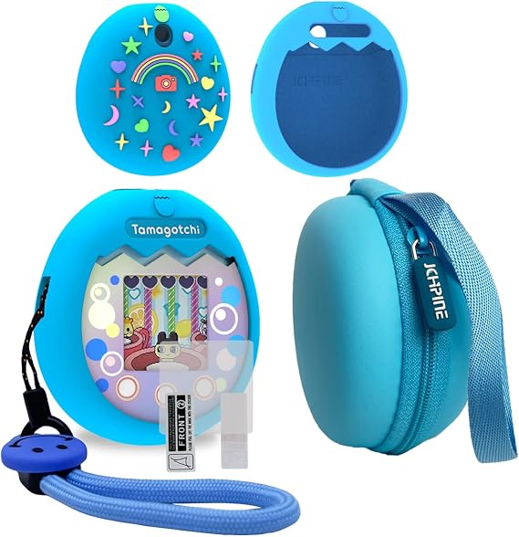 JCHPINE Silicone Cover and Carrying Case for Tamagotchi Pix Virtual Pet | Protective Cases for Tamagotchi Pix with Screen Protector and Lanyard, Soft Silicone Cover Protector (Blue)