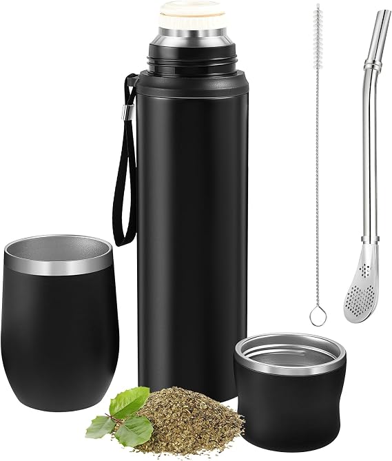 Dandat 2 Pieces Yerba Mate Cup and Vacuum Bottle Kit 12 oz Yerba Mate Gourd Cup and Bombilla Set for Travel, Turn The Cup Upside Down to Pour out All The Water (Black)
