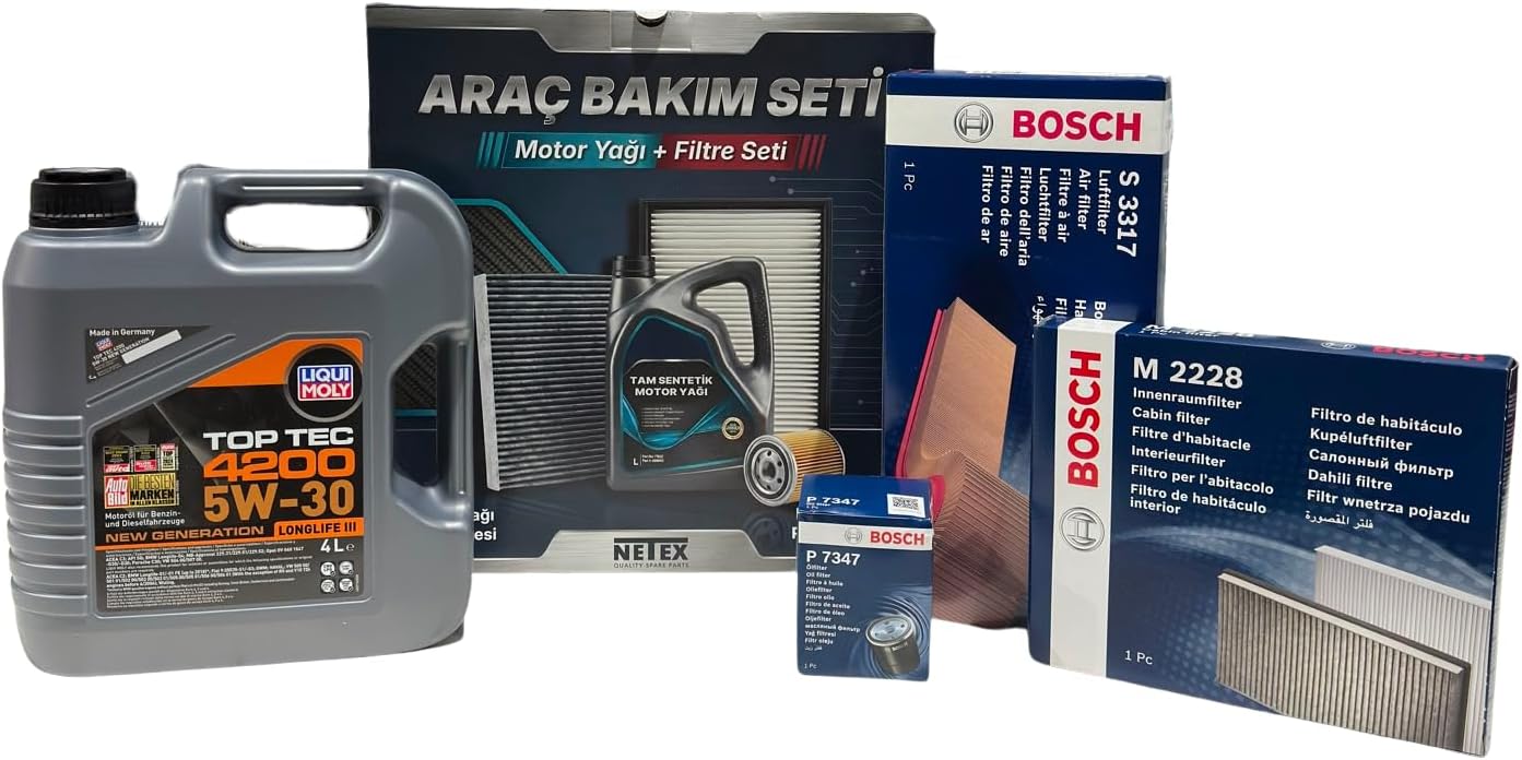 Premium Bakım Seti Fiat Egea 1368CC Benzin 95PS Model Yılı (2017-2020) (Liqui Moly Top Tec 4200 5w30 Motor Yağı, Bosch S3317 Hava Filtresi, M2228 Kabin Filtresi, P7347 Yağ Filtresi)