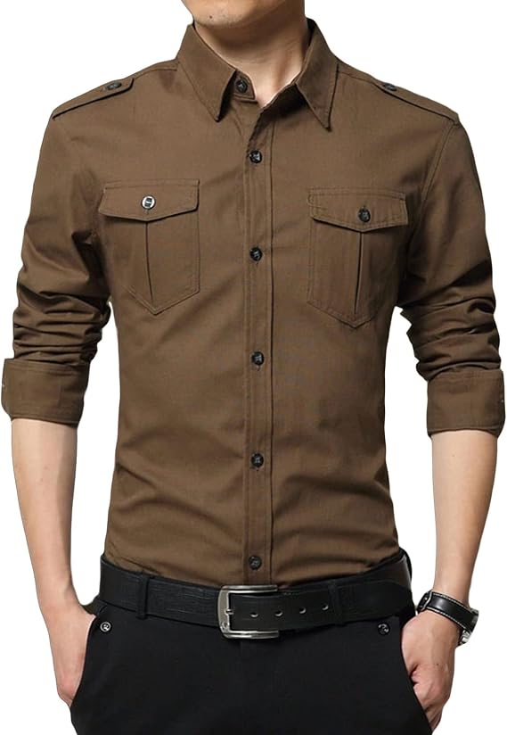 Men's Military Style Double Pocket Shirt Tactical Cargo Casual Slim Fit Shirt Work Shirt Hiking Fishing Shirts (Coffee,Medium)