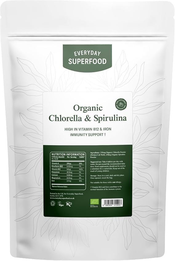 Everyday Superfood Organic Chlorella & Spirulina Tablets 500mg, 3600 Broken Cell Wall Chlorella & Raw Spirulina Cold Pressed Tablet