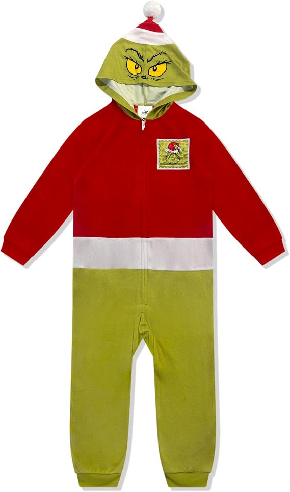Dr. Seuss Grinch Kids Onesie Pajamas - Boys Girls Long Sleeve Zip Up Hooded Blanket Sleeper - Christmas One Piece Costume Pjs