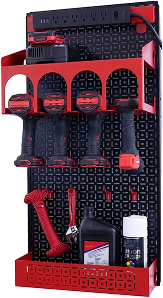 Omniwall Cordless Power Tool Kit-16" x 32" Black Metal Pegboard Organization System Red