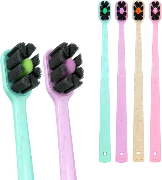 Lindo EcoCare Polishing Charcoal Toothbrush (Pink, 4 Pack) | 12000+ Ultra Fine Charcoal Infused Bristles, for Sensitive Gums and Teeth, Biodegradable Handle, Soft and Gentle