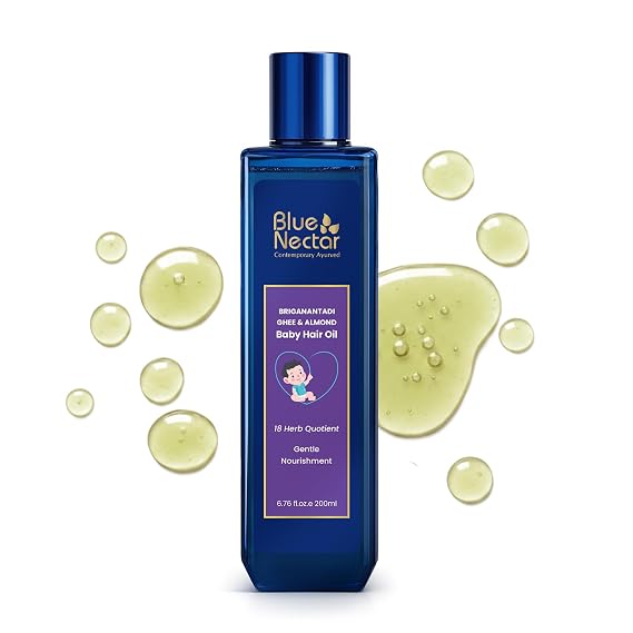 Blue Nectar Ayurvedic Baby Hair Oil with Organic Ghee, Almond Oil, Coconut Oil & Olive Oil for Hair and Scalp (18 Herbs, 200 ml)