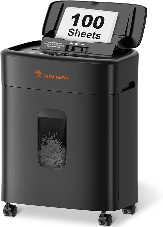 Bonsaii 100-Sheet Auto Feed Micro-Cut Paper Shredder Heavy Duty | 30-Min Run, P-4 Security Level, Jam-Proof, Shreds Staples & Credit Cards, 4.2-Gal Bin with Wheels, for Home Office C231-D