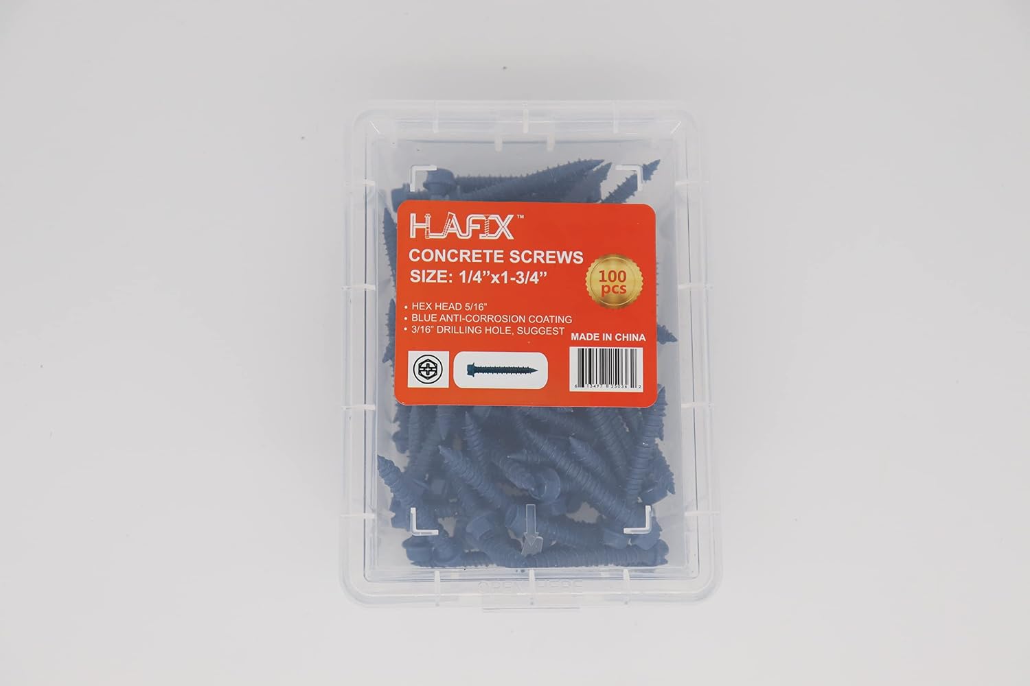 Fastener Blue Ruspert Coating Concrete Screw 14”x1-34”, Hex Washer Head, Sharp Point, 100pcs in Plastic Box Package