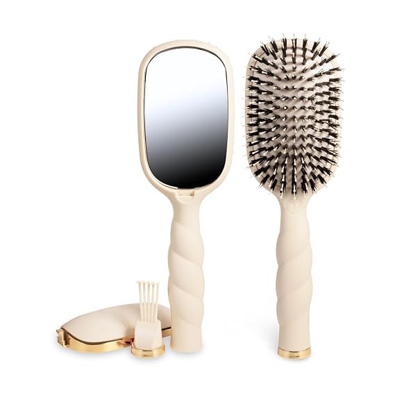 TELETIES - Boar Bristle Brush - Smooth Finish & Shine - For Slick Back Styles, Short Hair, Edge Control & Mens Grooming - Built-In Mirror & Storage - Removable Cleaner - All Hair Types - Tan