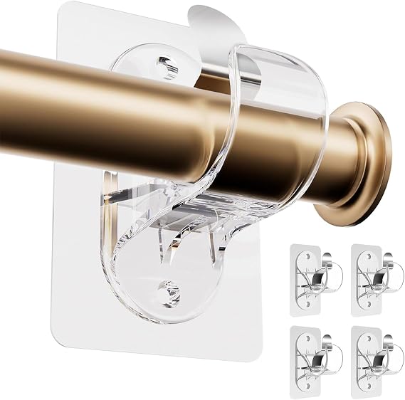BelleVive 4-Pack Curtain Pole Holders No Drilling, Self-Adhesive Adjustable, Nail-Free Curtain Rod Hooks, Strong Stick-On Hooks (Transparent)