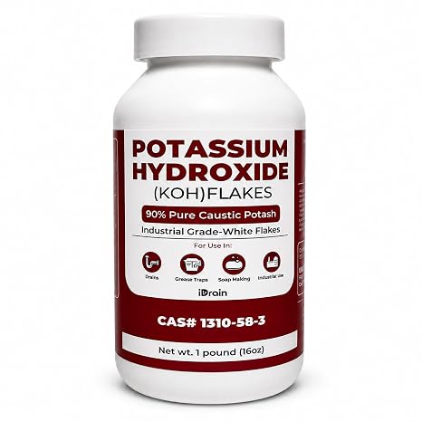 Potassium Hydroxide (KOH) Flakes 90% Pure Caustic Potash Industrial Grade Lye for Soap Making, Biodiesel, Drain Cleaning & Grease Traps Resealable Container 1 lb / 16oz.