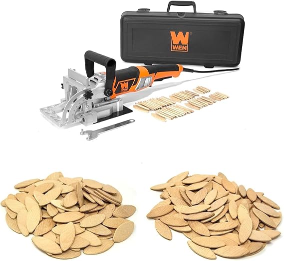 WEN JN8504 8.5-Amp Plate and Biscuit Joiner with Case and Biscuits & WEN 20 Birch Wood Biscuits for Woodworking, 100 Pack JN122B & WEN 10 Birch Wood Biscuits for Woodworking, 100 Pack JN111B