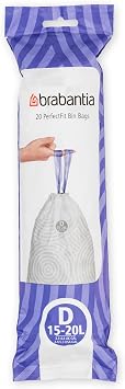 Brabantia PerfectFit Trash Bags Size D / 4-5.3 Gal Thick Plastic Trash Can Liners with Drawstring Handles 20 Bags