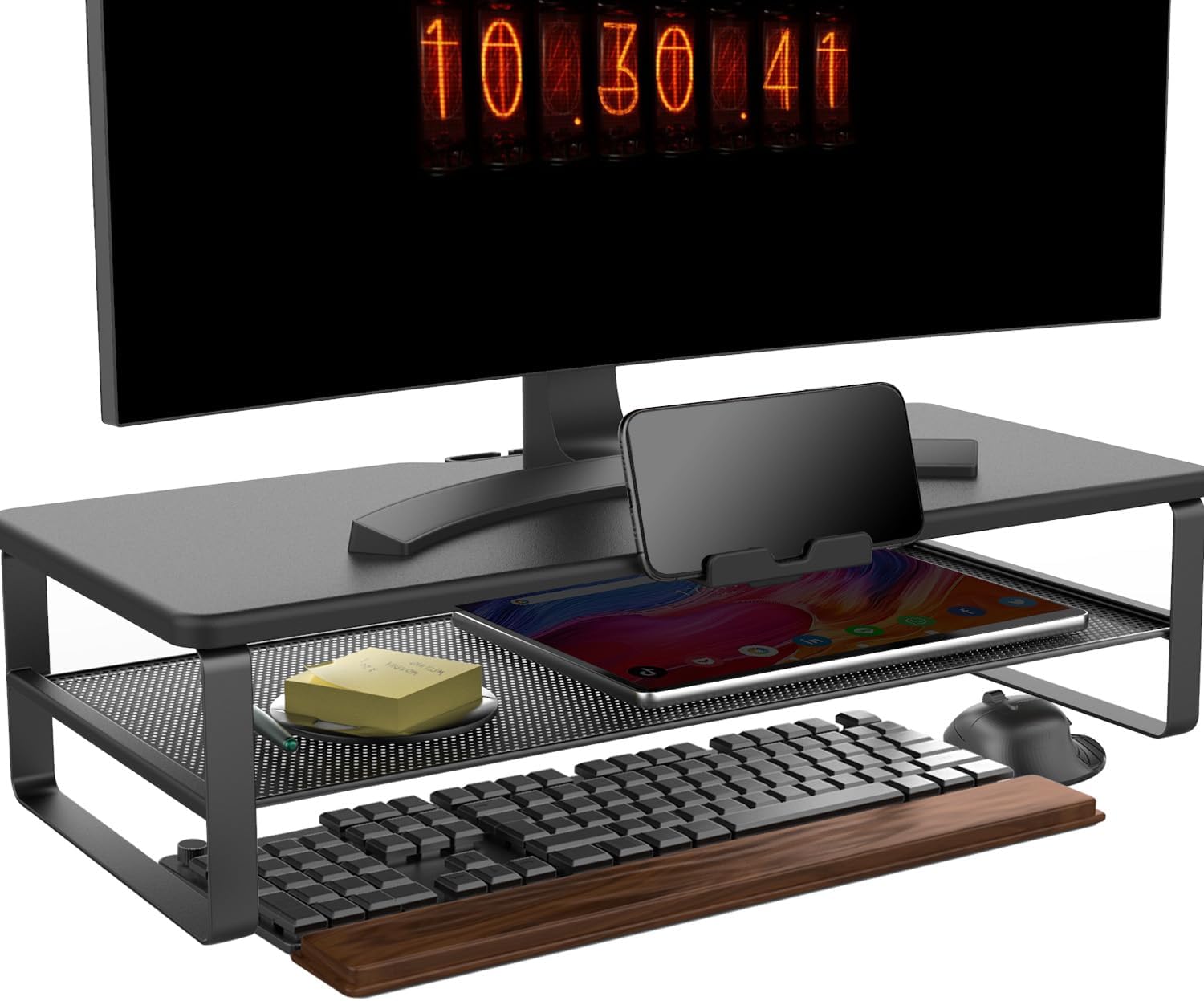 モニター台 2段収納 ラック 卓上 スタンド 机上台 安定性 パソコン pc キーボード収納 プリンタ 液晶モニター台 幅52cm 耐荷重30kg 木材