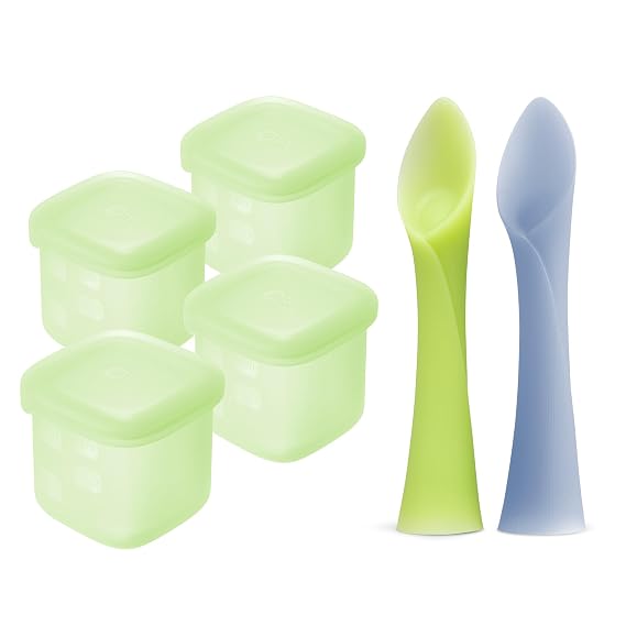 Olababy Training Spoon Set (Kiwi/Blueberry) + Olababy Clear Sense Silicone Storage Containers 4pk (Kiwi, 4 oz)