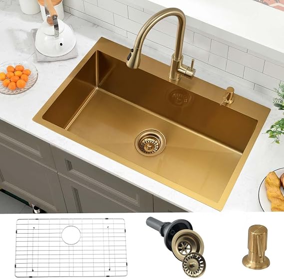 30x18 Inch Drop In Kitchen Sink, Gold Stainless Steel Overmount Sink | 30x18 Inch Gold Overmount Kitchen Sink with deep single bowl stainless steel, bottom rinse grid and soap dispenser included.
