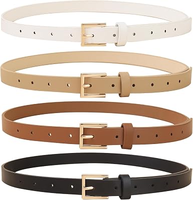 Set of 4 Women Skinny Belts Faux Leather Thin Waist Belt with Gold Buckle for Pants Jeans Dresses Ladies